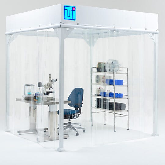 Softwall cleanroom workspace with lab workbench, microscope, cleanroom chair, and stainless steel shelving | 6600-66-VL-0808 displayed