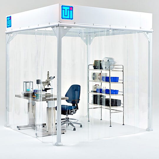 Softwall cleanroom workspace with lab workbench, microscope, cleanroom chair, and stainless steel shelving  |  6600-66-VL-0808 displayed