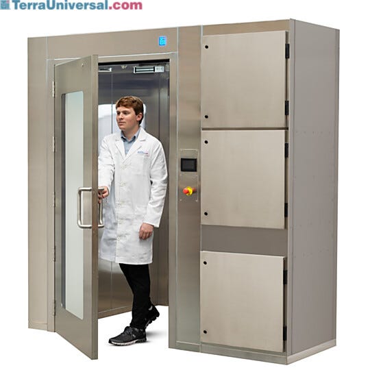 Low profile stainless steel unit provides cleanroom protection and self containing unit for decontamination  |  6010-00D-LP displayed