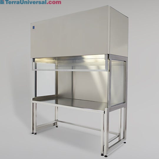 Stainless steel fume hood includes 10"-diameter duct flange, sliding shield, static-dissipative PVC side panels and (table and light optional) | 2400-05 displayed