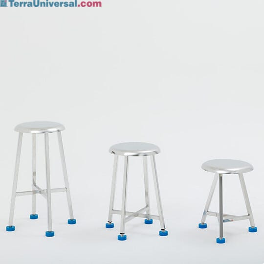 Industrial stainless steel lab stools with adjustable leveling feet, available in three different heights for laboratory and cleanroom applications.  |  2806-PP-02 displayed