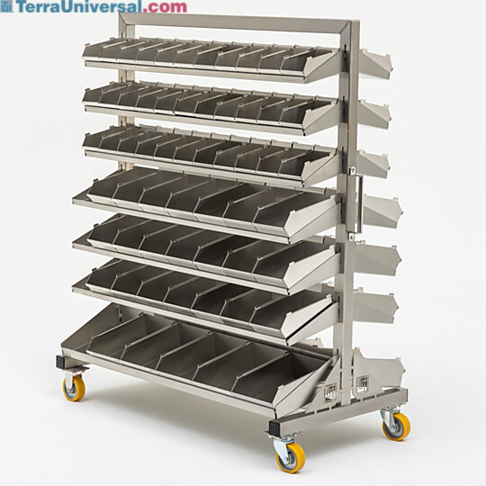 Double-sided mobile bin handled shelving unit with seven shelves per side, in three sizes for a variety of small parts storage and easy access  |  9611-74 displayed