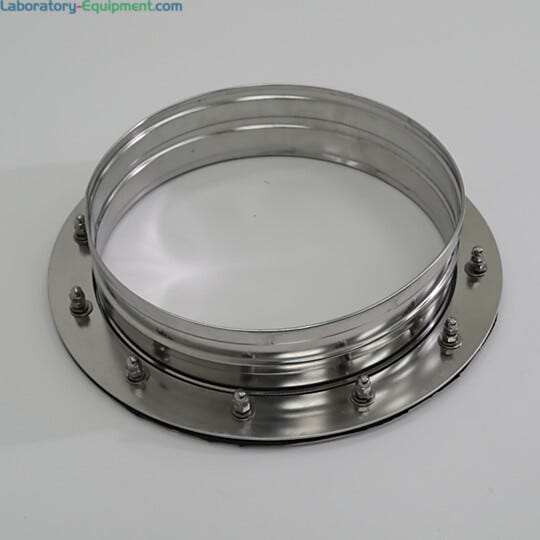Exterior of 304 stainless steel glove port; 12" diameter round, with neoprene gaskets  |  1672-08-2 displayed