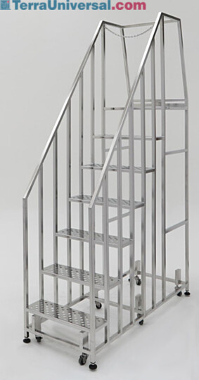 Narrow cleanroom stairs; electropolished stainless steel, perforated steps with platform and safety rail  |  2805-10B-316 displayed