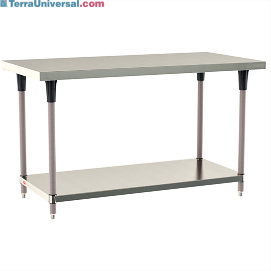 Standard 304 Stainless Steel TableWorx Work Tables with Microban antimicrobial Metroseal Legs and Under Shelf by Metro; additional sizes and mobile options | 1543-PP-02 displayed