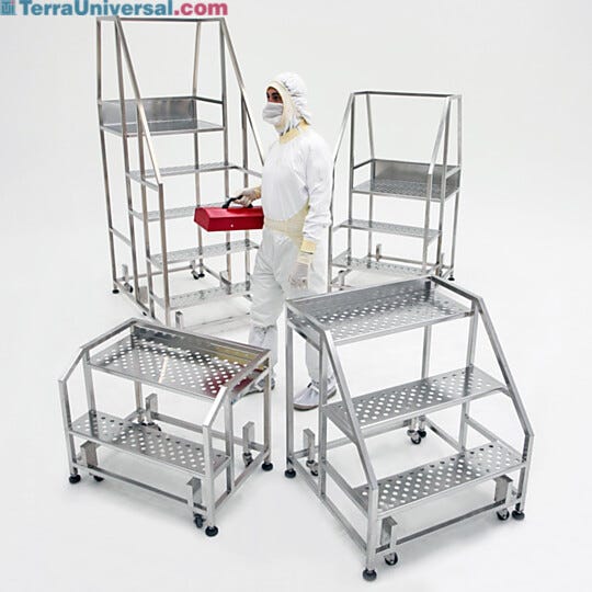 For cleanroom maintenance, ISO 4 BioSafe step stairs and work platforms are non-folding options for ideal maintenance tasks
