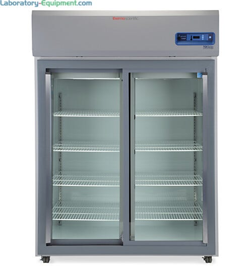 Double-glass door 1297L TSX High-Performance Refrigerator by Thermo Fisher Scientific with 8 shelves and casters; GMP Clean Room Class A/ISO 6 compatible | 1621-10 displayed