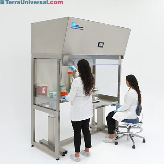 Automatic height adjusting tables fit perfectly inside free-standing laminar flow clean benches; helps isolate vibration from the fans mounted above the hood  |  3504-02A displayed