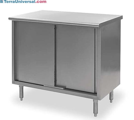 The Enclosed Base Worktables are fabricated of 304 stainless steel, with sliding or hinged doors  |  5656-10A displayed