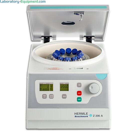 Hermle’s Z206 compact centrifuge, with maximum speed of 6,000 rpm, holds tubes in swing-out or angle rotors | 2823-51 displayed