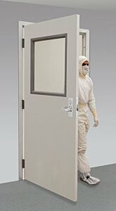 UL-listed fire-rated door with wired-glass window, shown with optional mortise locking mechanism and hinges installed