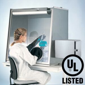 Series 600 Stainless Steel Glove Box  provides a low-humidity, low-particle processing environment (shown with optional air lock, gloves)  |  9670-00B displayed