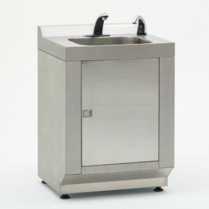 Single-sink modular cleanroom hand washing station in 304 stainless steel with hands-free faucet and automatic IR beam soap dispenser included  |  9600-83B displayed