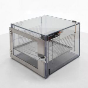 Smart nitrogen desiccator cabinet in static-dissipative PVC features automatic humidity control, stainless steel door frame, and shelf rack