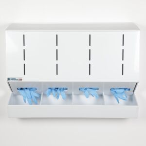 Dispenser; Glove, Polypropylene, 32"W x 8"D x 24"H, 4 Compartments, With Catch Basin, Wall Mount