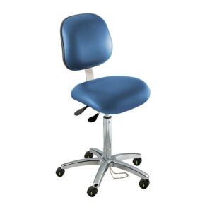 Chair; ISO 5, ESD Vinyl, Blue, Chrome-plated Metal, 25" - 30", Ergonomic Backrest, Waterfall Seat, W/O Footring, Elite EEW-H-RK, Biofit