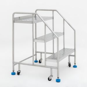 Mobile Step Ladder; Round Tube, Fully Welded, 3 Steps, 304 or 316 Stainless Steel, 30" W x 29" D x 61" H, Safety Rail, BioSafe®,   300 lbs Capacity