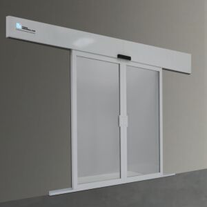 Door; Automatic Double Bi-Parting, External Mount, 80" W x 80" H, Powder-Coated Aluminum Frame, Static-Dissipative PVC Window