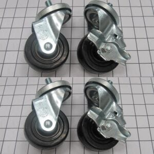 Caster set; 3" diameter, Heavy Duty Low Profile, Hard Rubber Wheels, Bright Zinc Plated, two with Brakes