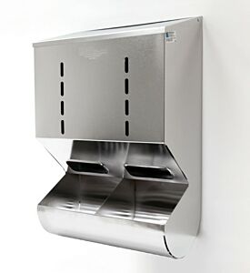 Dispenser; Glove, 304 or 316 Stainless Steel, 16"W x 8"D x 24"H, 2 Compartments, With Catch Basin, Wall Mount