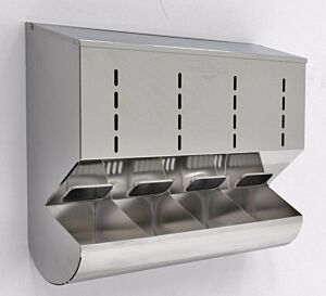 Dispenser; Glove, 304 or 316 Stainless Steel, 32"W x 8"D x 24"H, 4 Compartments, With Catch Basin, Wall Mount