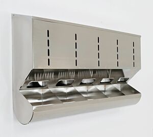 Dispenser; Glove, 304 or 316 Stainless Steel, 40"W x 8"D x 24"H, 5 Compartments, With Catch Basin, Wall Mount