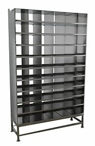 Free Standing Multifunctional Storage System, BioSafe®, 304 SS, 48" W x 14.5" D x 77.5" H, Solid Shelves, 60 Slots