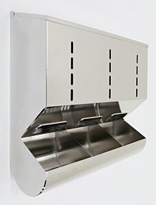 Dispenser; Glove, 304 or 316 Stainless Steel, 24"W x 8"D x 24"H, 3 Compartments, With Catch Basin, Wall Mount