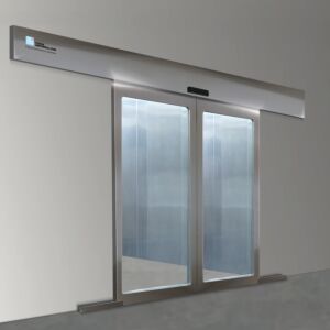 Door; Automatic Double Bi-Parting, External Mount, 80" W x 80" H, 304 Stainless Steel Frame, Static-Dissipative PVC Window, Full View