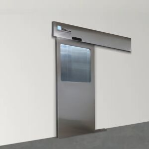 Door; Automatic Right Sliding, External Mount, 46" W x 80" H, 304 Stainless Steel Frame, Tempered Glass Window, Partial View