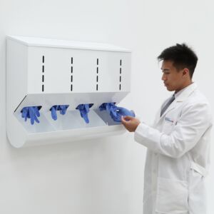 Glove Dispenser, PC-SS, 32" W x 8" D x 24" H, 4 Compartments, With Catch Basin, Wall Mount