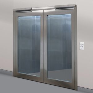 Door, Pre-Hung; Automatic Double Swing, 72" W x 81" H, 304 Stainless Steel Frame, Tempered Glass Window, Full View