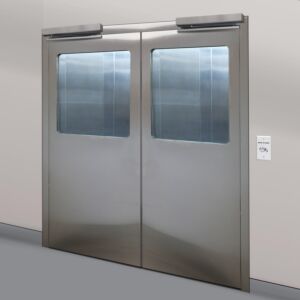 Door, Pre-Hung; Automatic Double Swing, 72" W x 81" H, 304 Stainless Steel Frame, Tempered Glass Window, Partial View