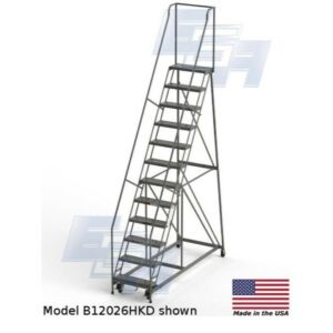 B12026HSU Roll-EZY 12-Step Industrial Rolling Ladder, Handrails, Ezy-Tread, 4" Casters, Welded Steel, 33" W x 82" D x 157" H, 24" Step, EGA Products