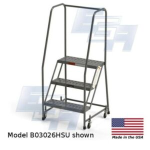 B3026HSU Roll-EZY 3-Step Industrial Rolling Ladder, Handrails, Ezy-Tread, All-Welded Steel, 29" W x 27" D x 54" H, 24"W Step, EGA Products