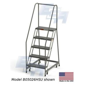 B5026HSU Roll-EZY 5-Step Industrial Rolling Ladder, Handrails, Ezy-Tread, All-Welded Steel, 29" W x 40" D x 80" H, 24"W Step, EGA Products