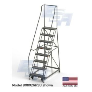 B8026HSU Roll-EZY 8-Step Industrial Rolling Ladder, Handrails, Ezy-Tread, 4" Casters, Welded Steel, 33" W x 56" D x 112" H, 24"W Step, EGA Products