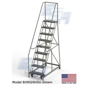 B9026HSU Roll-EZY 9-Step Industrial Rolling Ladder, Handrails, Ezy-Tread, 4" Casters, Welded Steel, 33" W x 63" D x 122" H, 24"W Step, EGA Products