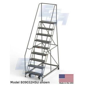 B9032HSU Roll-EZY 9-Step Industrial Rolling Ladder, Handrails, Ezy-Tread, 4" Casters, Welded Steel, 38" W x 63" D x 112" H, 30"W Step, EGA Products
