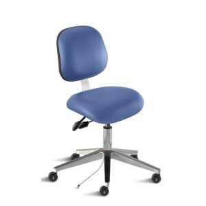 Chair; ISO 7, ISO 8, ESD Vinyl, Blue, Polished Aluminum, 17" - 22", Ergonomic Backrest, Standard Seat, W/O Footring, Elite EEW-L-RK, Biofit