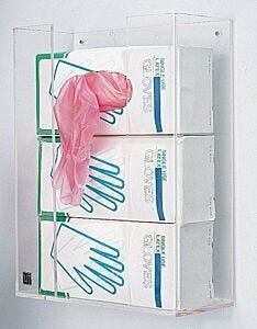 Holder; Glove Box, Acrylic, 12"W x 5"D x 15.5"H, 3 Boxes, Wall Mount