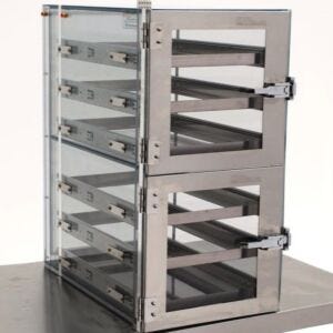 Desiccator; Static-Safe, Single Wide, Static-Dissipative PVC, 2 Chambers,  14" W x 22.5" D x 27" H,  2"H Trays With Inlays