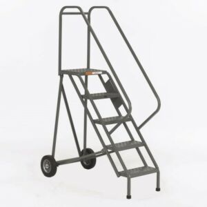S001 Five-Step Steel Folding Ladder with Handrails, EZY-Tread, 10" Diameter Wheels, 16" Step Width, EGA Products
