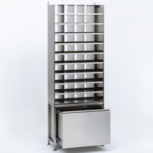 Free Standing Multifunctional Storage System, BioSafe®, 304 SS, 28" W x 13" D x 76.5" H, Solid Shelves, 50 Slots + Drawer