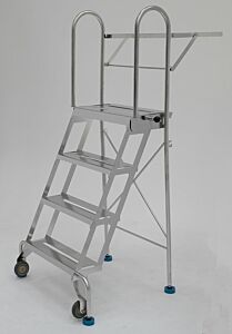Folding Ladder; Diamond Plated, 3 Steps, 304 SS, 32.5" W x 28.75" D x 63.375" H, BioSafe®,   375 lbs Capacity, w/ Work Platform