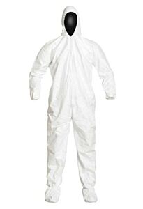 Coverall; Disposable, 2XL, Tyvek, Elastic Hood, White, Hooded Coverall, DuPont