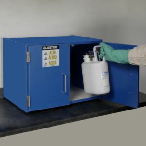 Justrite 24120 Benchtop Corrosive Acid Safety Cabinet; 4 gal, Wood Laminate, Manual Double Door, 24" W x 16" D x 18.5" H