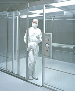 Door, Cleanroom; Manual Right Sliding, 40" W x 81" H, Powder-Coated Aluminum Frame, Tempered Glass Window