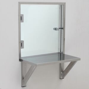 Pass-Through; Convenience Window, Wall Mount, Single Swing Door with Shelf, 4.5" to 5" Thick Walls, 24" W x 24" H, Stainless Steel Frame