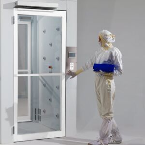 Door, Cleanroom; Automatic Double Swing, 72" W x 81" H, Powder-Coated Aluminum Frame, Polycarbonate Window